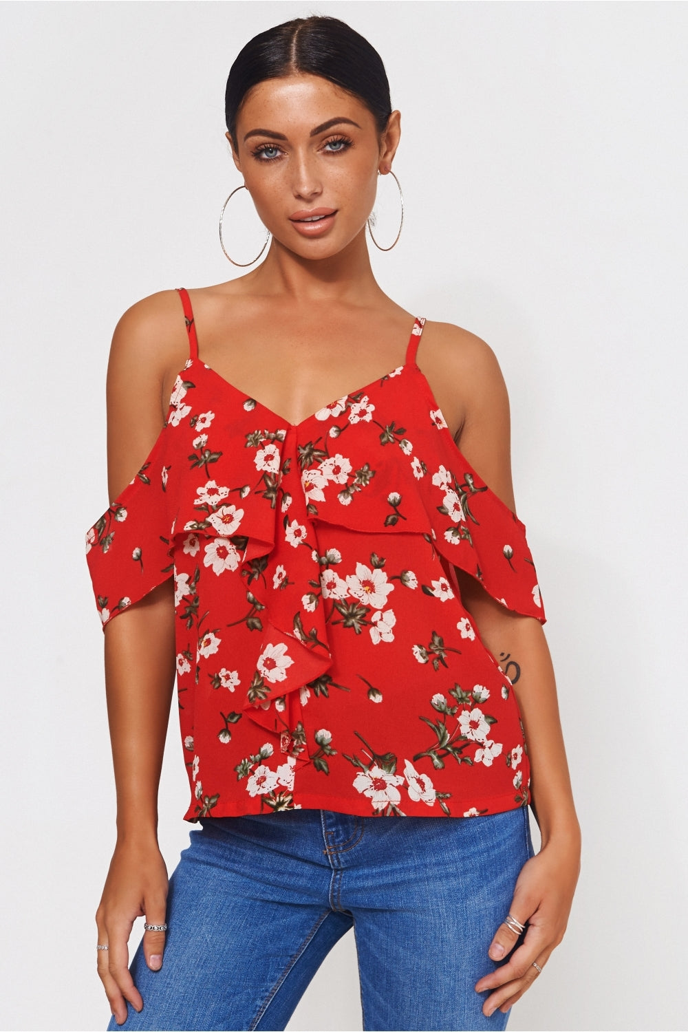 Poppy Red Floral Bardot Frill Top