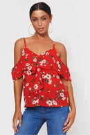 Poppy Red Floral Bardot Frill Top