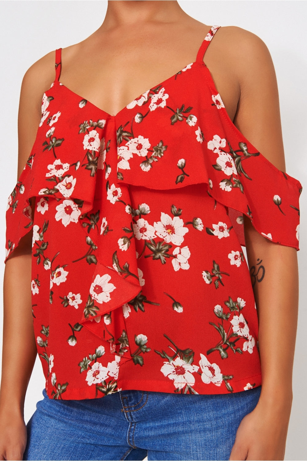 Poppy Red Floral Bardot Frill Top