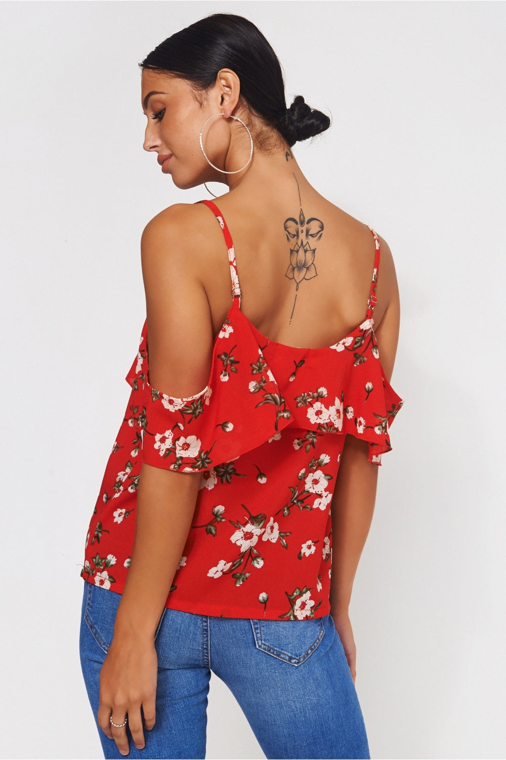 Poppy Red Floral Bardot Frill Top