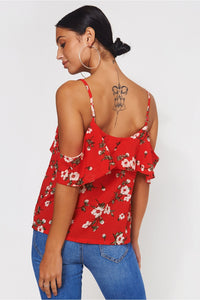 Poppy Red Floral Bardot Frill Top