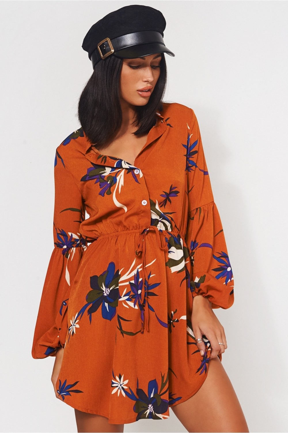 Rust Floral Mini Shirt Dress