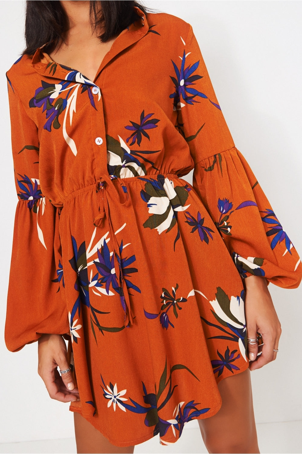 Rust Floral Mini Shirt Dress