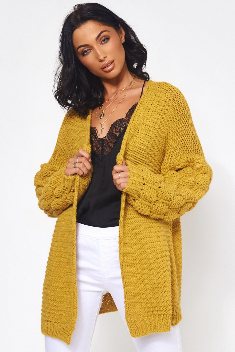Alessa Chunky Knit Mustard Pom Sleeve Cardigan