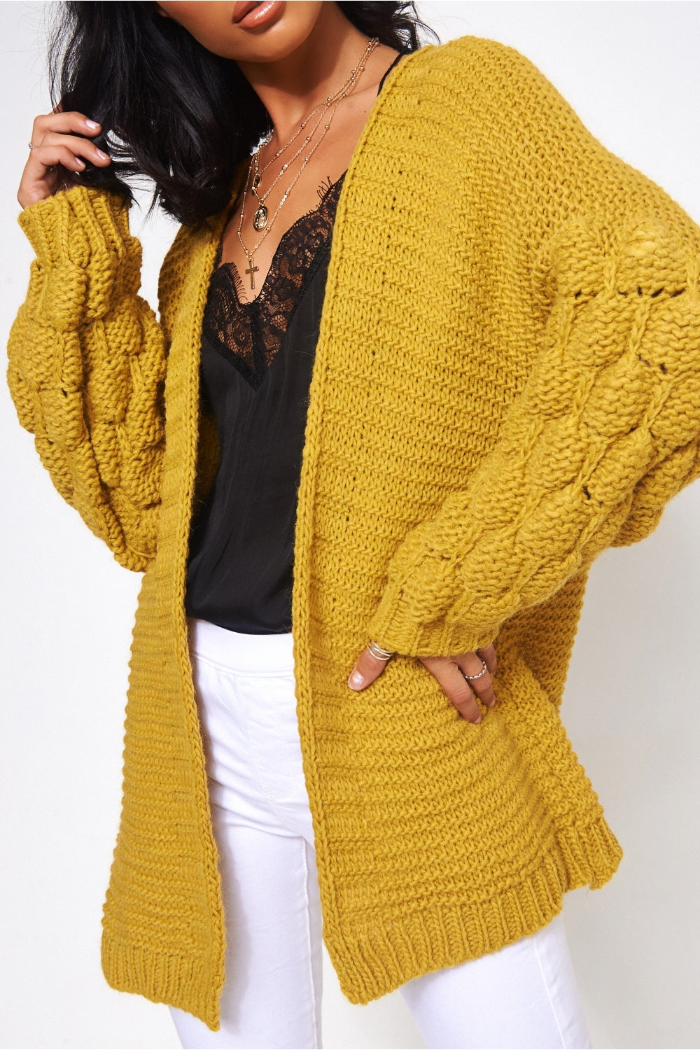 Alessa Chunky Knit Mustard Pom Sleeve Cardigan – The Fashion Bible
