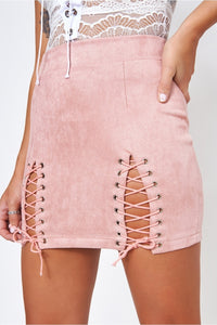 Pink Suede Lace Up Mini Skirt