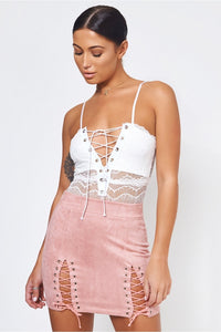 Pink Suede Lace Up Mini Skirt