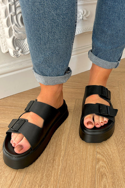 Amber Black Double Buckle Platform Sandals
