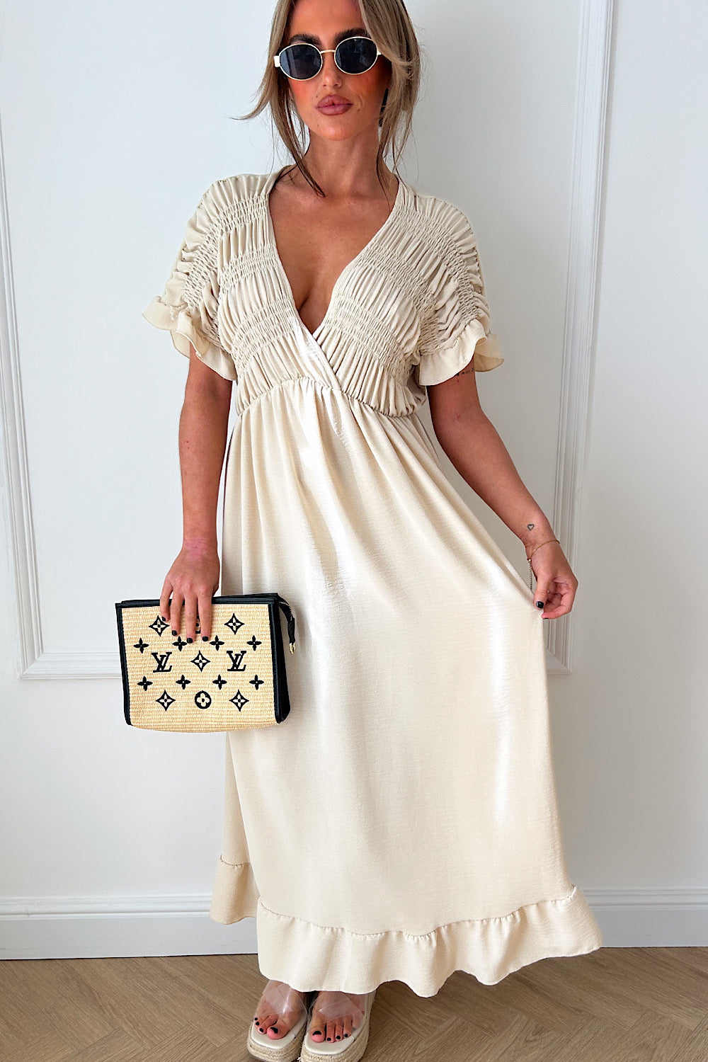 Elycia Beige Ruched Maxi Dress