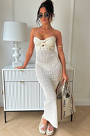 Tallulah Beige Crochet Strapless Maxi Dress
