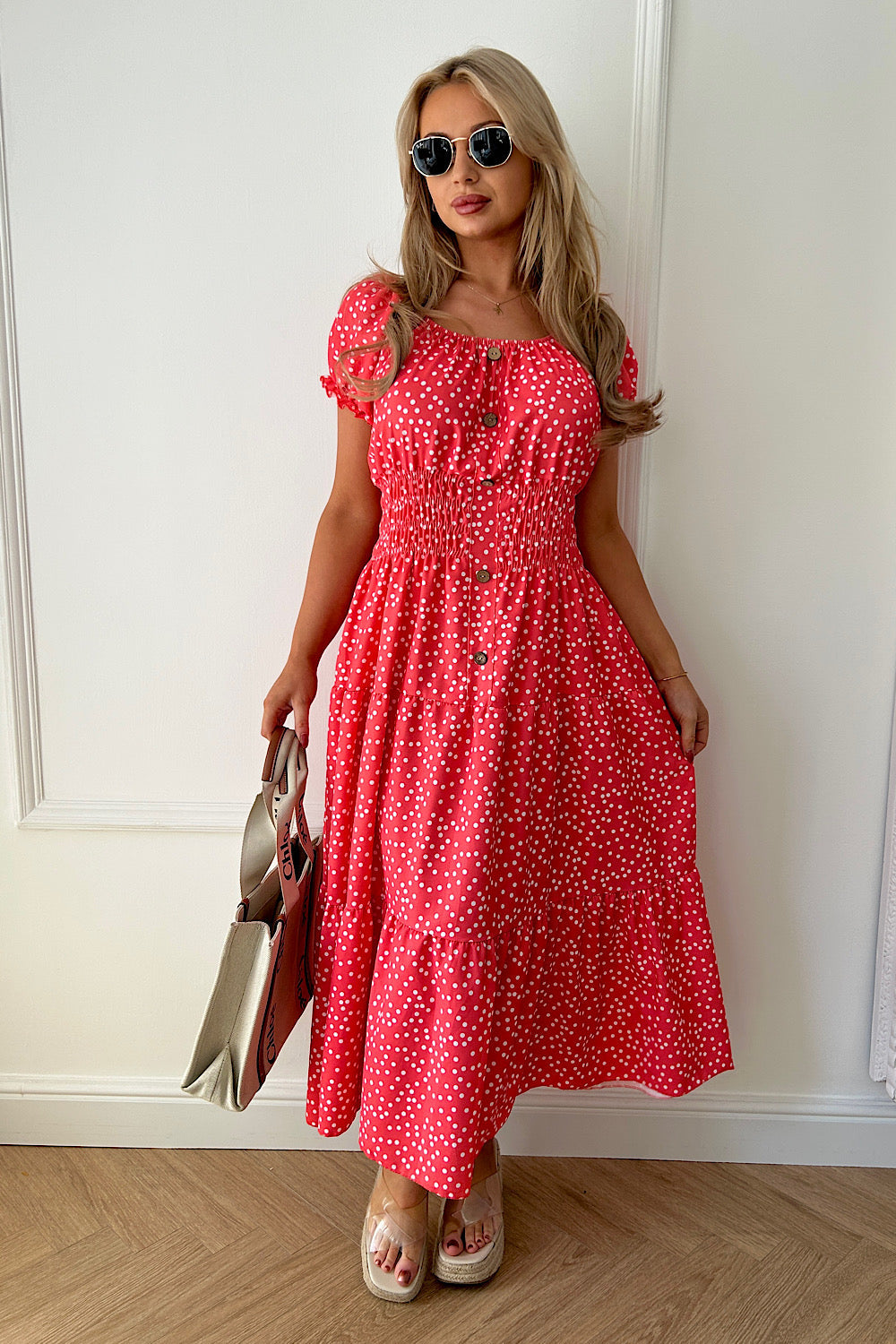 Sian Coral Polka Dot Button Maxi Dress
