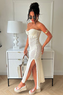 Tallulah Beige Crochet Strapless Maxi Dress