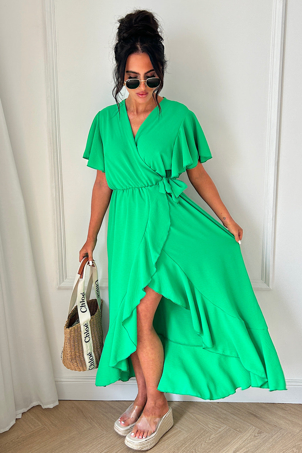 Tyla Green Chiffon Tie Side Frill Maxi Dress