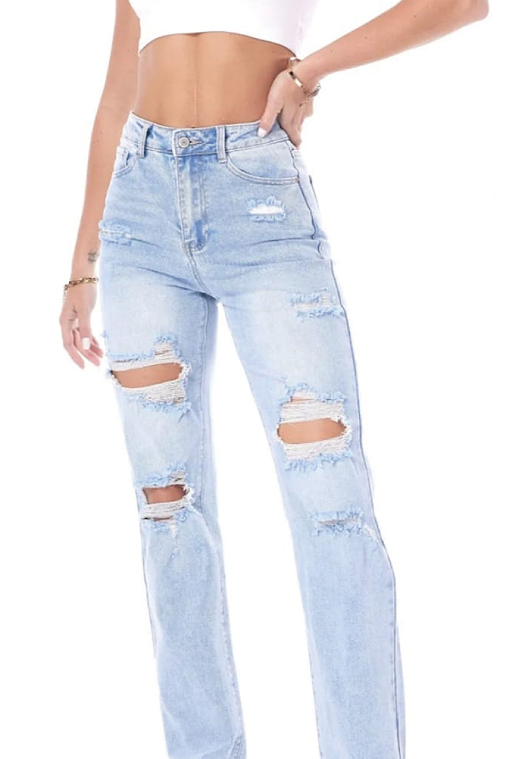 Blue Light Wash Distressed Straight Leg Jeans