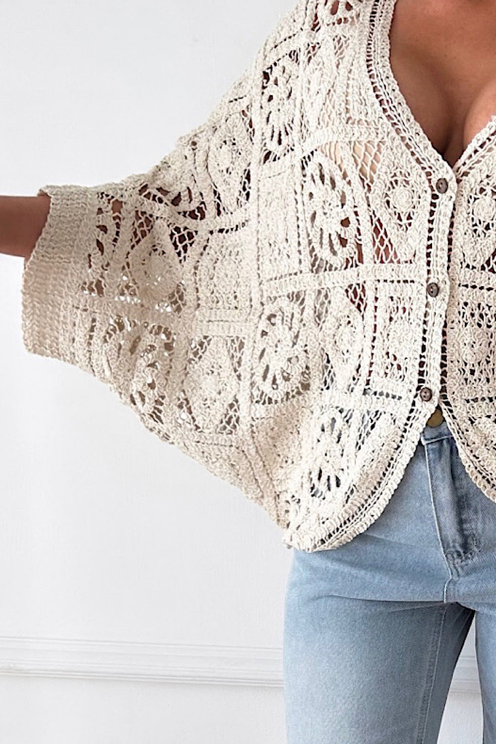 Naomi Beige Crochet Button Cardigan