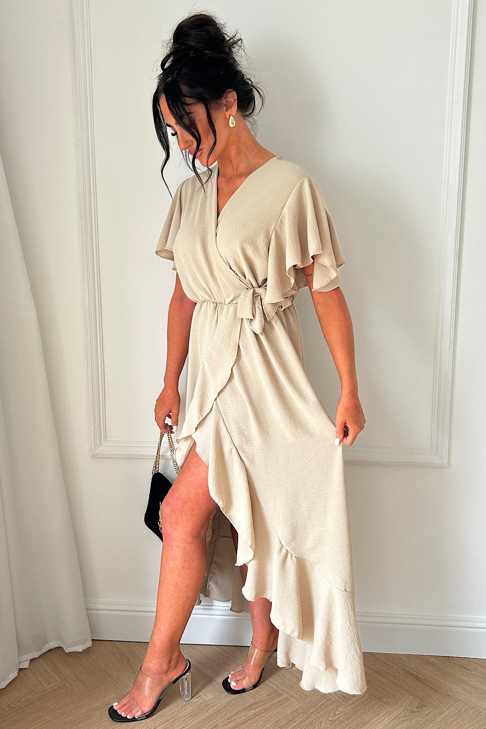 Tyla Beige Chiffon Tie Side Frill Maxi Dress