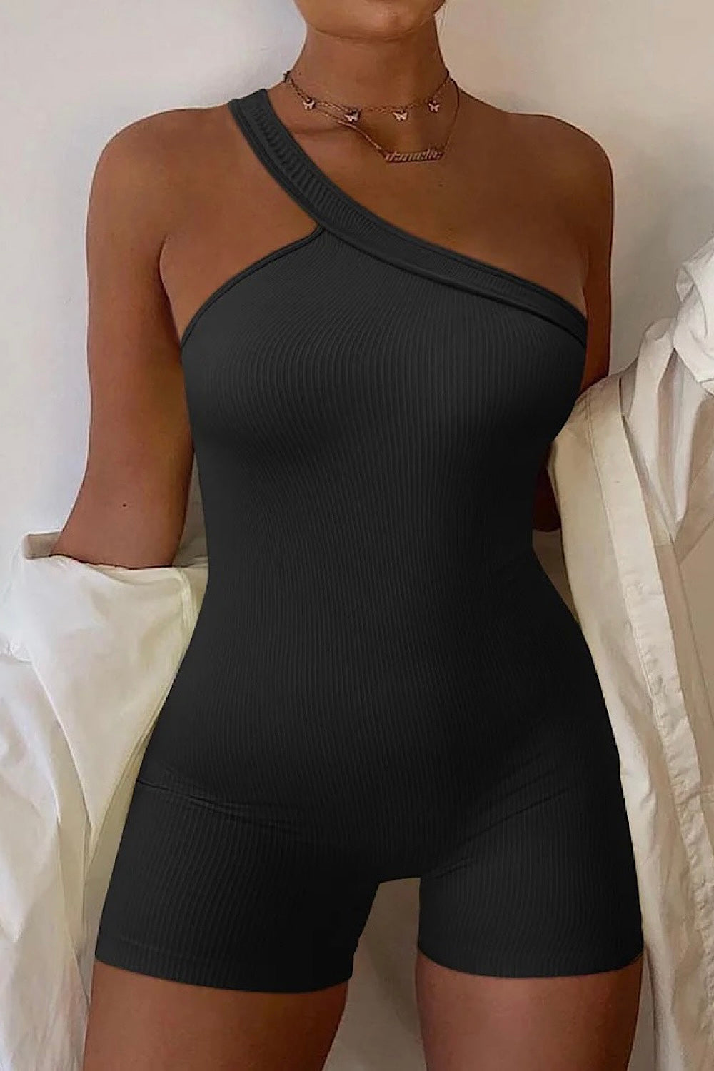 Teri Black Ribbed One Shoulder Unitard