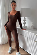 Capri Chocolate Brown Ribbed Long Sleeve Contoured Jumpsuit