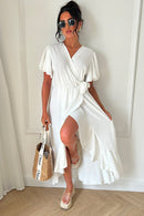 Tyla White Chiffon Tie Side Frill Maxi Dress