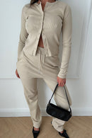 Tia Beige Ribbed Button Trouser Co-ord