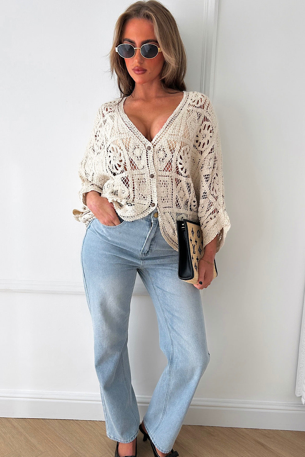 Naomi Beige Crochet Button Cardigan