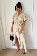 Tyla Beige Chiffon Tie Side Frill Maxi Dress