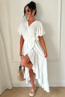 Tyla White Chiffon Tie Side Frill Maxi Dress