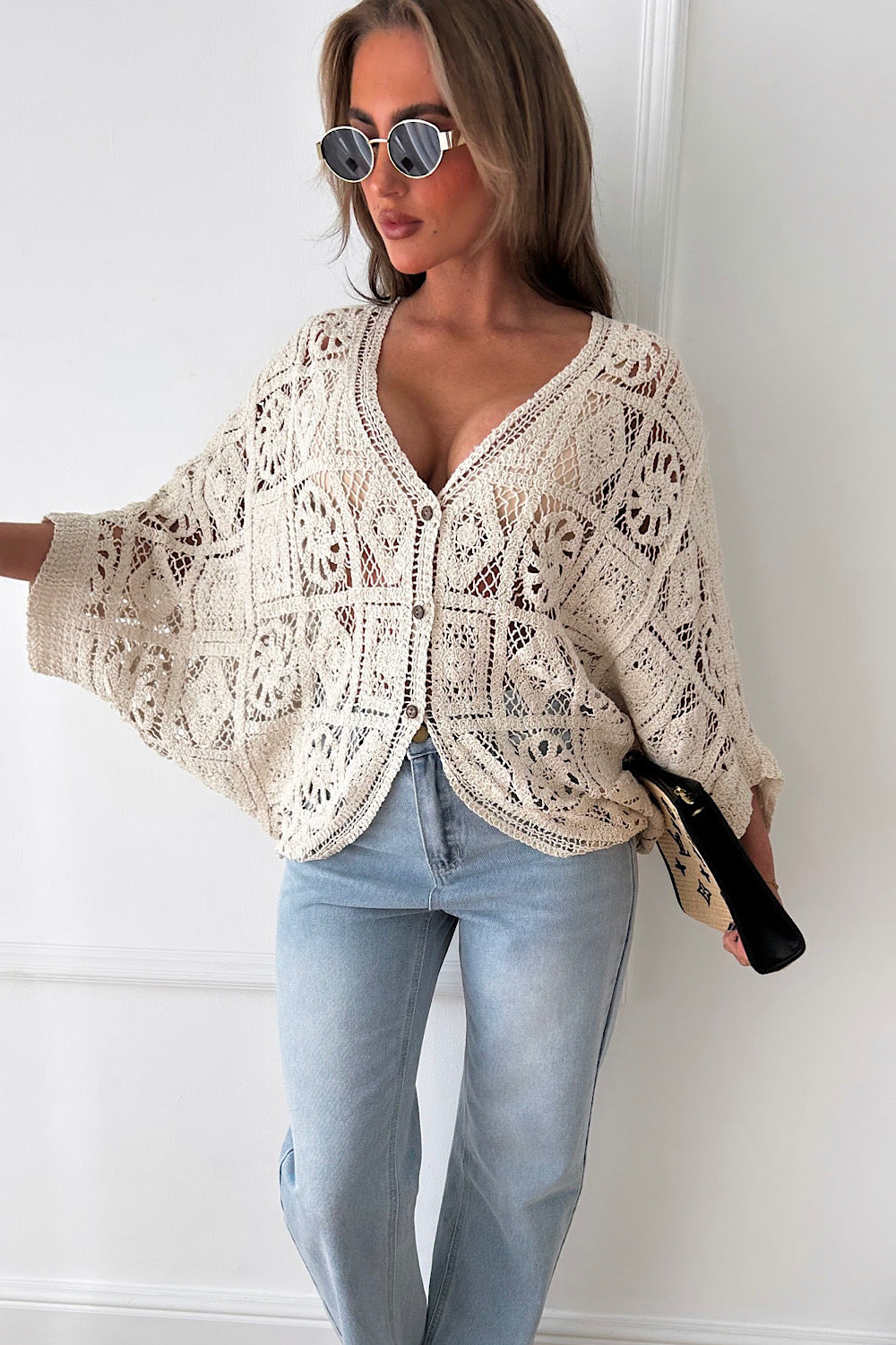 Naomi Beige Crochet Button Cardigan