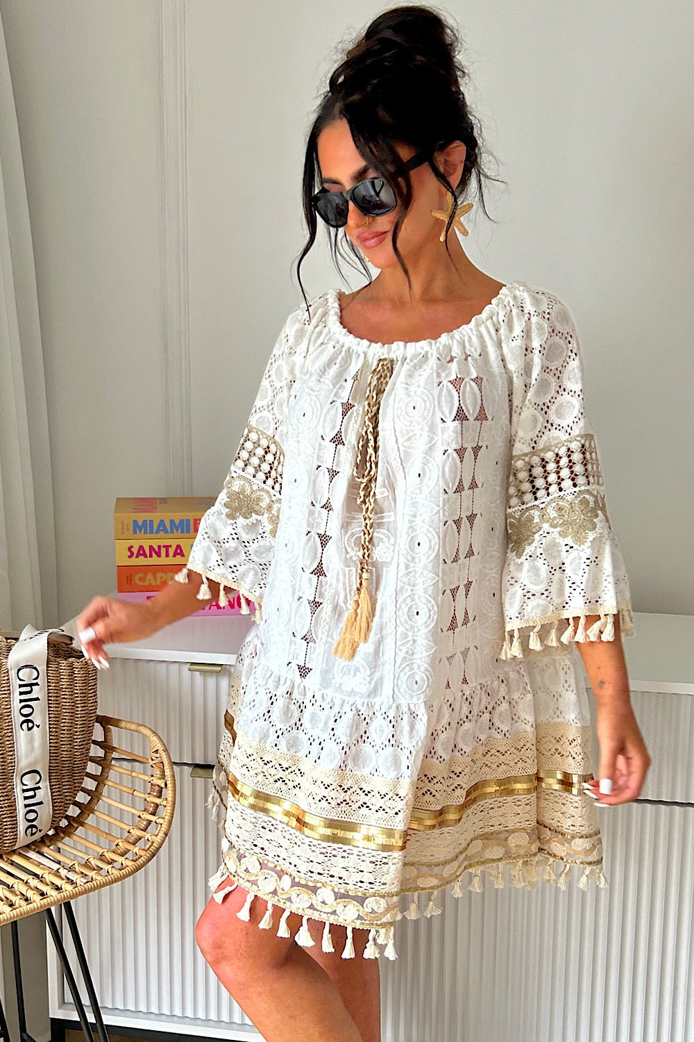 Hudson Gold Boho Crochet Tassel Dress