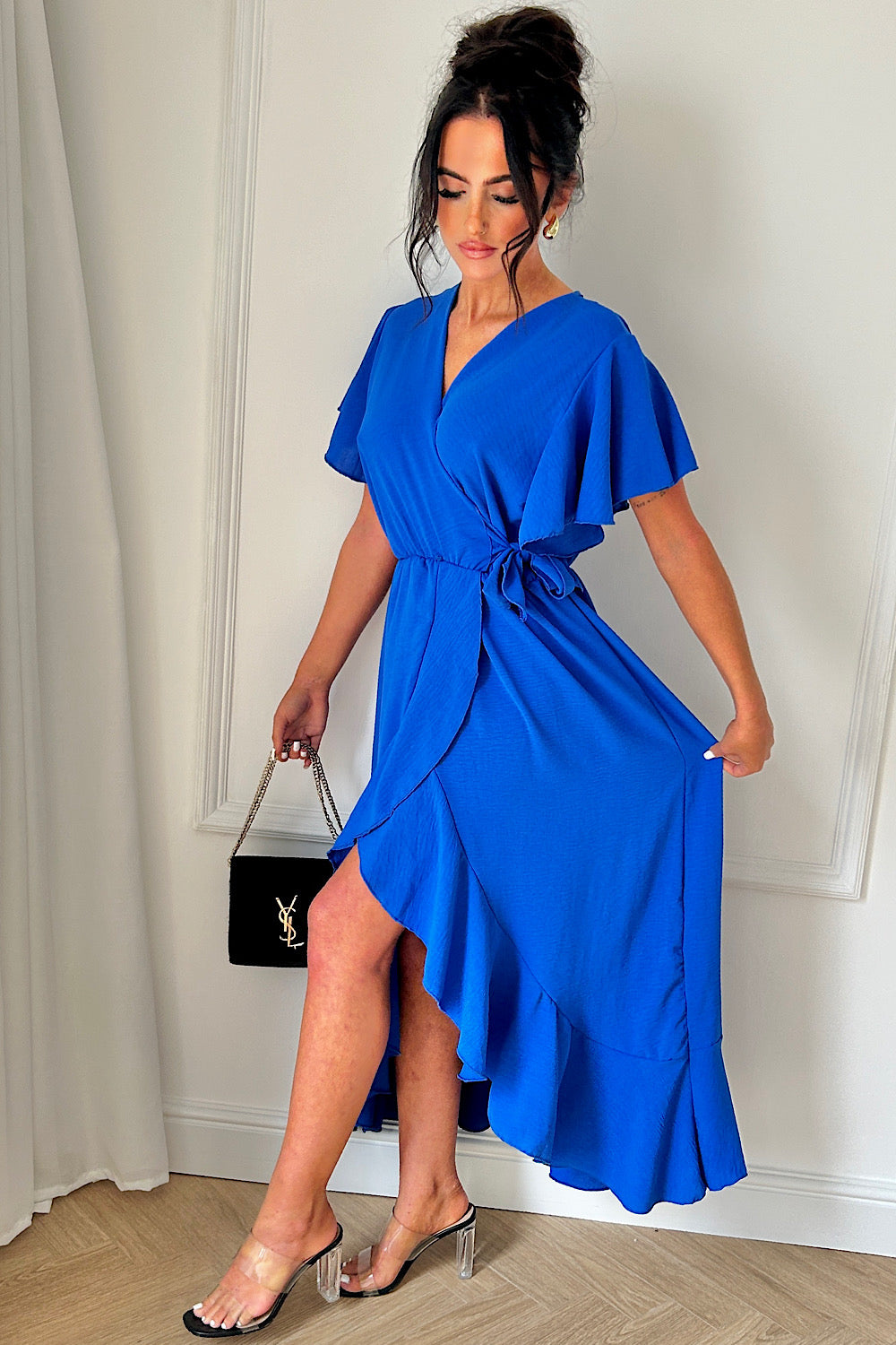 Tyla Royal Blue Chiffon Tie Side Frill Maxi Dress