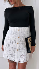 Tara White Crochet Button Mini Skirt