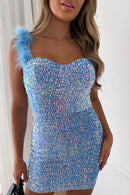 Rene Blue Sequin Feather Mini Dress