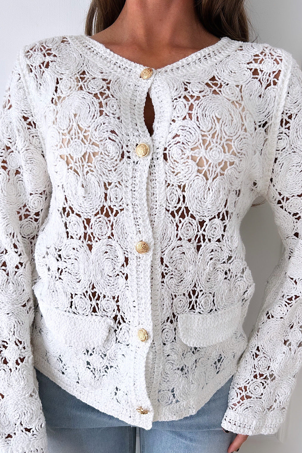 Bayley White Crochet Button Cardigan