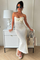 Tallulah Beige Crochet Strapless Maxi Dress