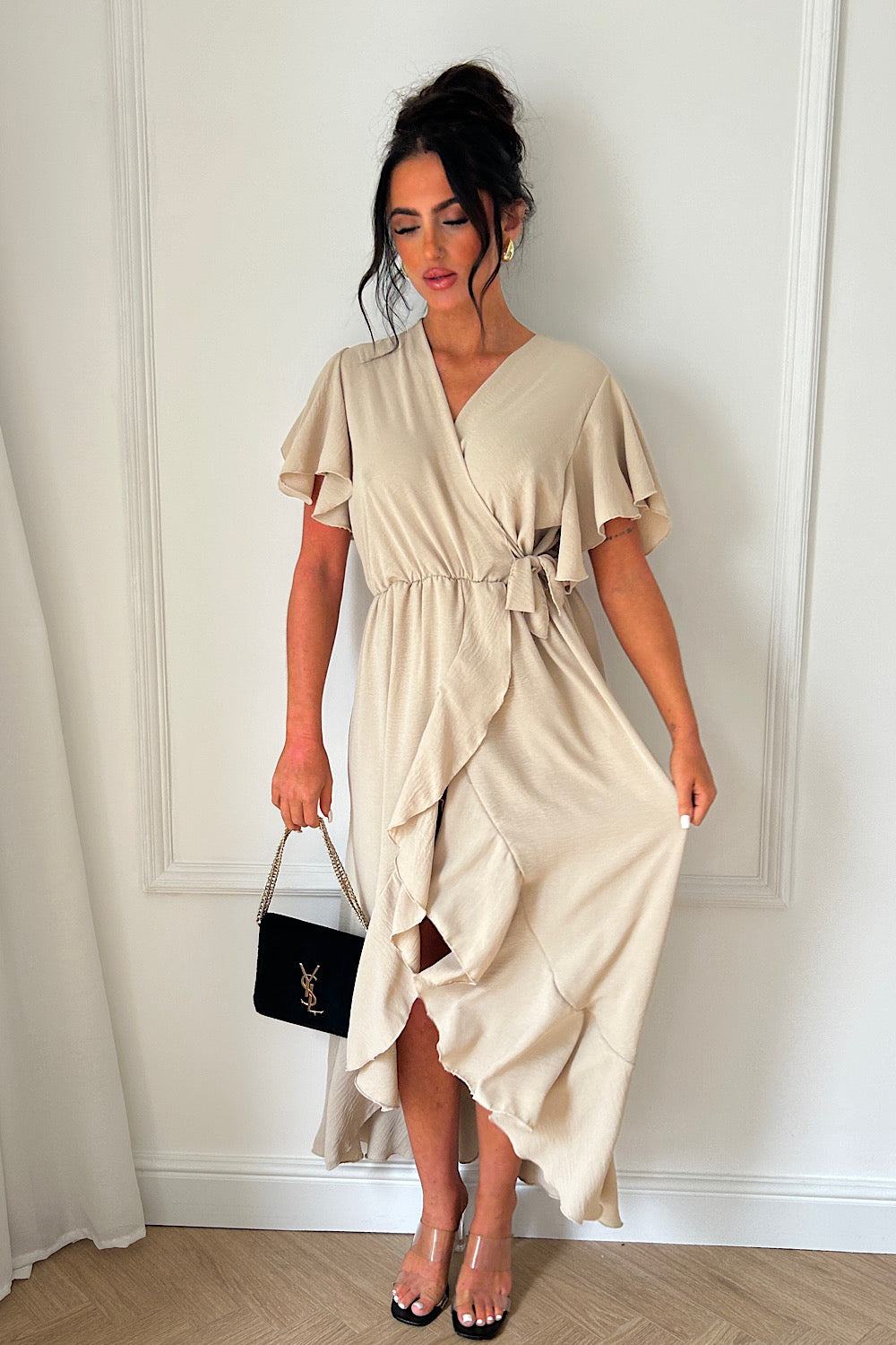 Tyla Beige Chiffon Tie Side Frill Maxi Dress