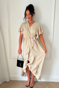 Tyla Beige Chiffon Tie Side Frill Maxi Dress