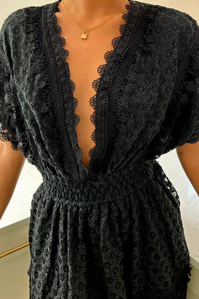 Millie Black Lace Tassel V-Neck Dress