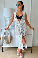 Dahlia White Sleeveless Crochet Midi Dress