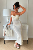 Tallulah Beige Crochet Strapless Maxi Dress