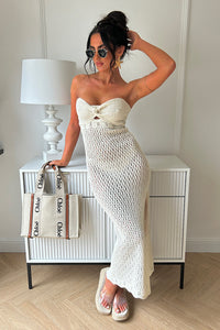 Tallulah Beige Crochet Strapless Maxi Dress
