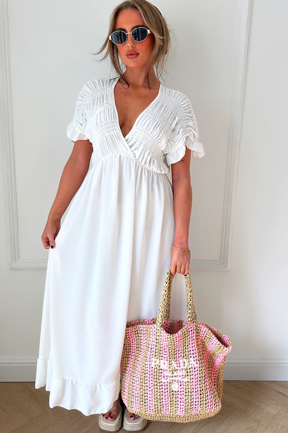 Elycia White Ruched Maxi Dress