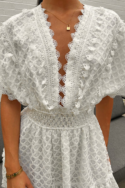 Millie White Lace Tassel V-Neck Dress