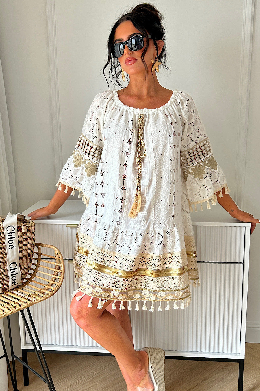 Hudson Gold Boho Crochet Tassel Dress