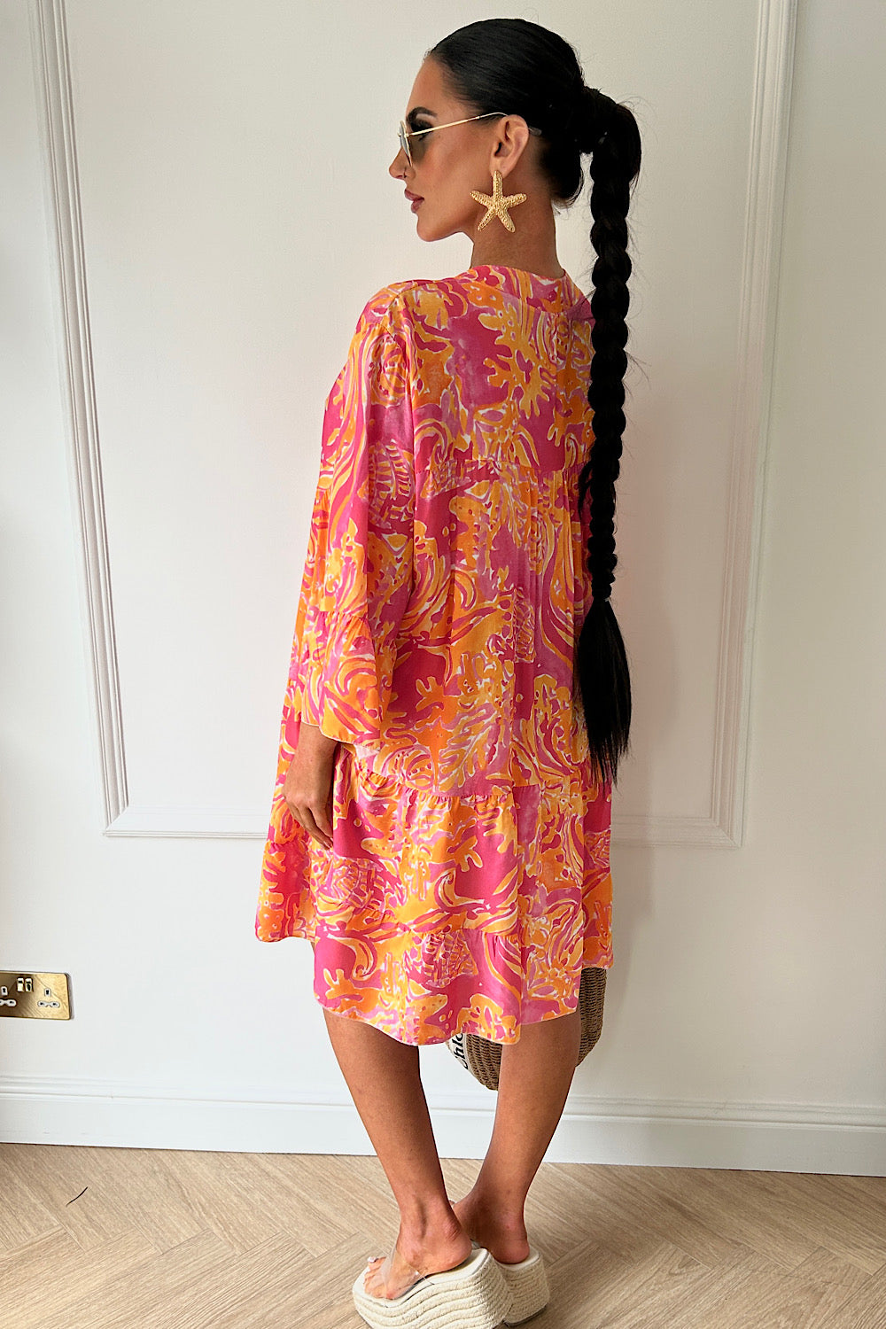 Zuri Pink Tropical Button Smock Dress
