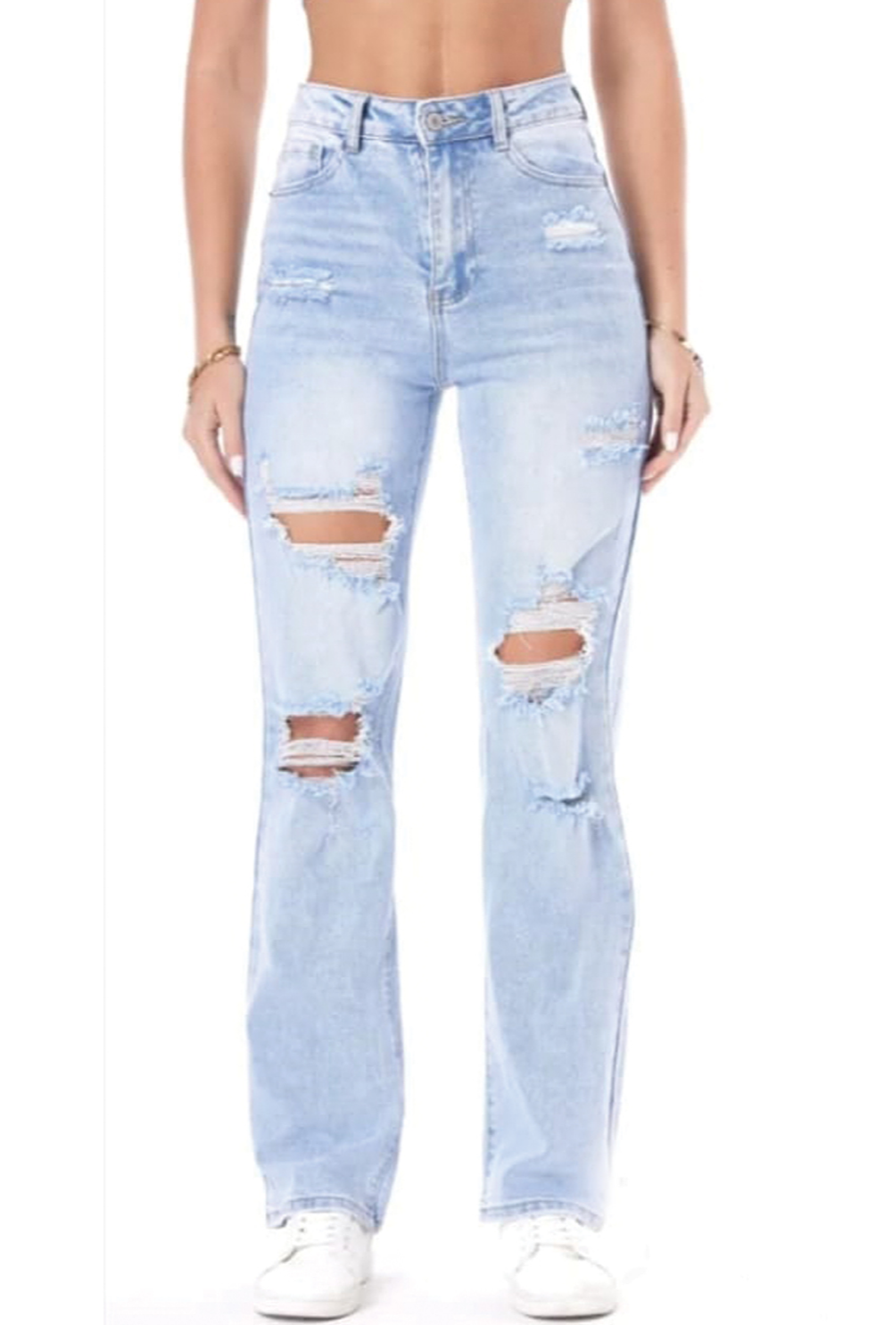 Blue Light Wash Distressed Straight Leg Jeans