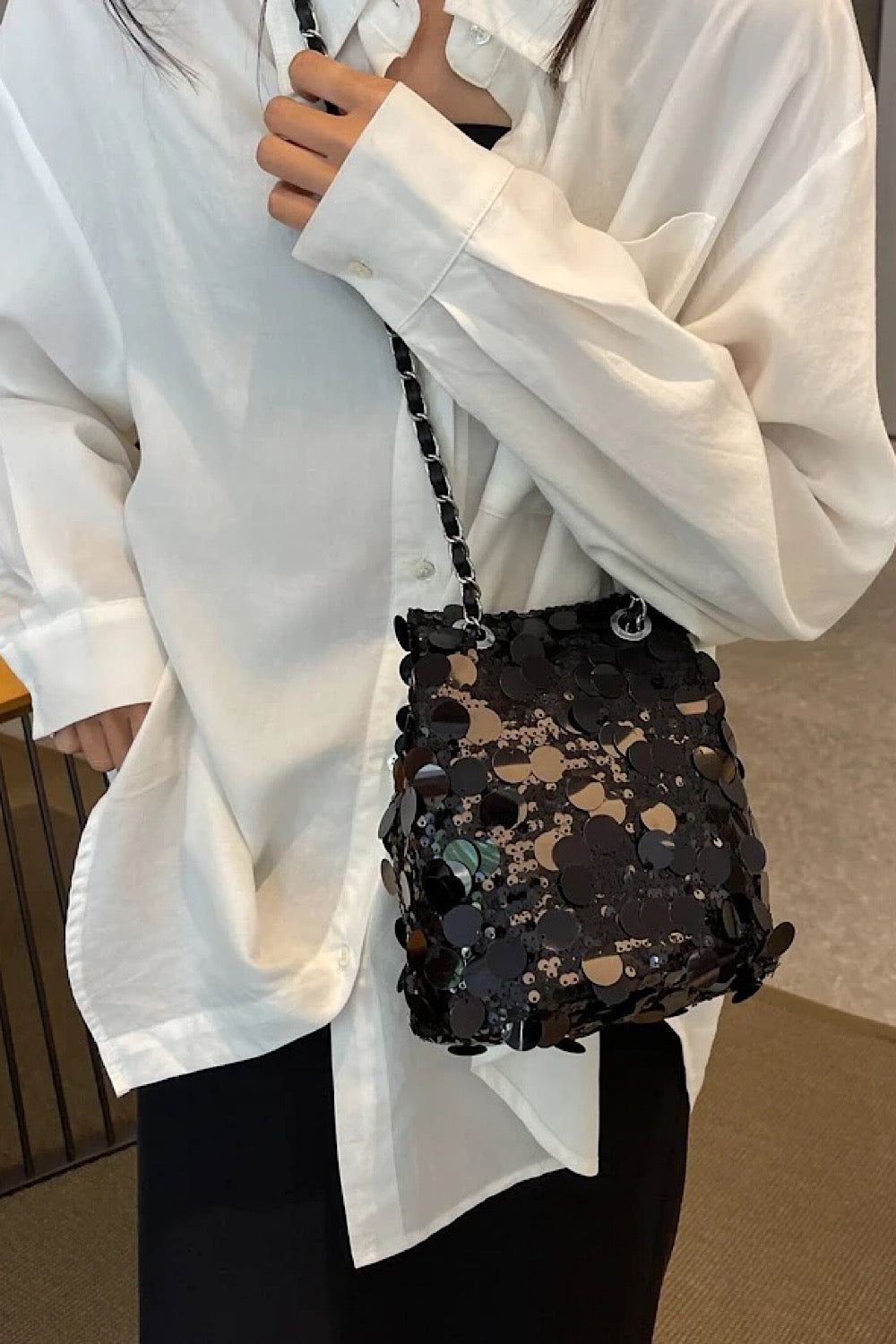 Allie Black Sequin Disc Bag