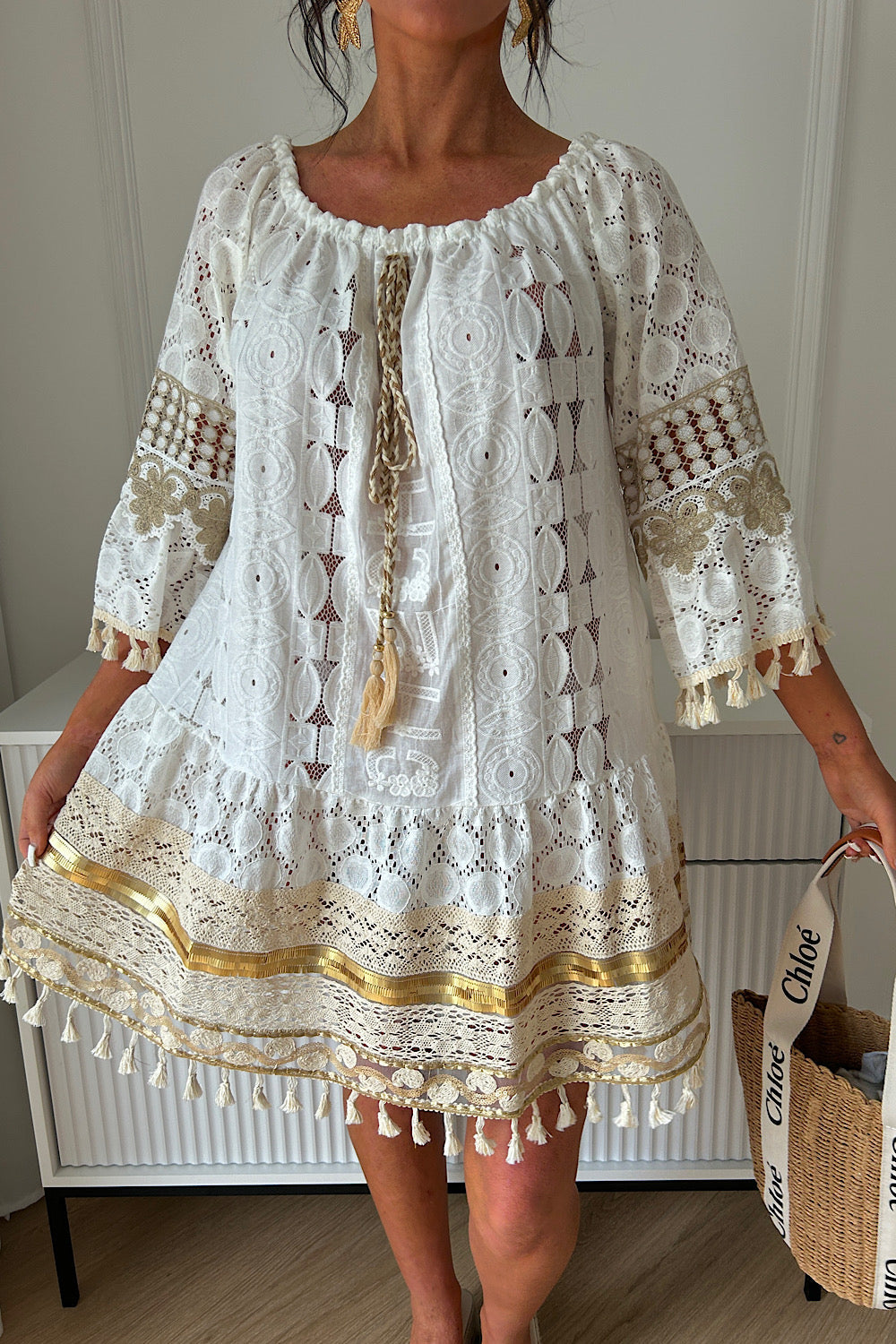 Hudson Gold Boho Crochet Tassel Dress