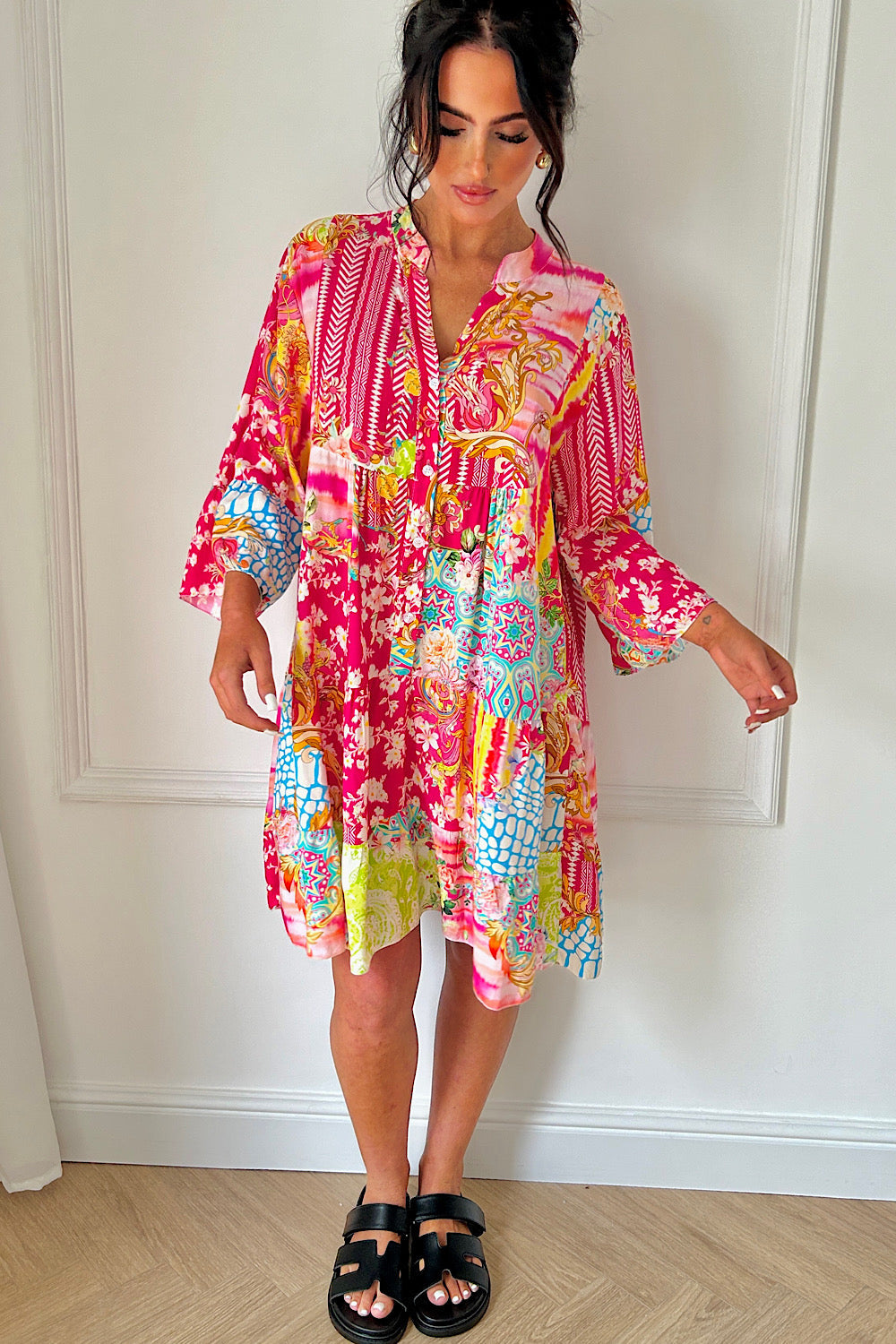 Vida Multi Paisley Button Smock Dress