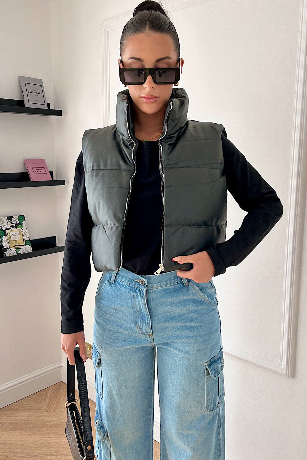 Lou Black Faux leather Cropped Gilet