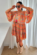 Naya Coral Boho Silk Mini Dress